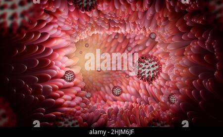 3D medizinisch akkurate Darstellung der Darmzotten mit Corona-Virus in einem Gesundheitskonzept. Mikrobiologie, Anatomie, Biologie, Wissenschaft, Stockfoto