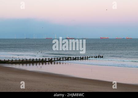 Aberdeen Beach, Offshore-Windpark und Versorgungsschiffe bei Sonnenuntergang, Aberdeen, Schottland, Großbritannien Stockfoto