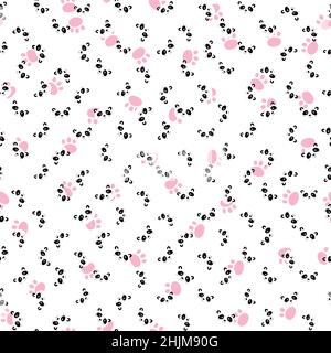 Nahtloses Muster mit niedlichem Panda, Fußabdruck auf weißem Hintergrund. Lustige asiatische Tiere. Karte, Postkarten für Kinder. Flache Vektorgrafik für Stoff Stock Vektor