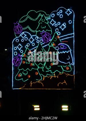 Weihnachtsschmuck in einer dunklen Nacht in Medellin, Kolumbien Stockfoto