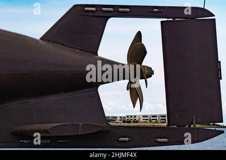 Nahaufnahme Propeller und Ruder eines U-Bootes, Fehmarn, Deutschland Stockfoto