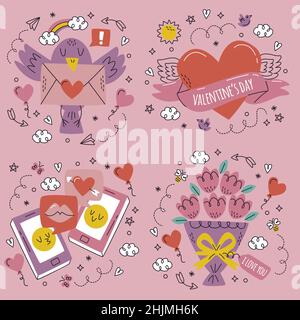 Hand gezeichnet valentinstag Aufkleber Set Design Vektor Illustration Design Vektor Illustration Stock Vektor