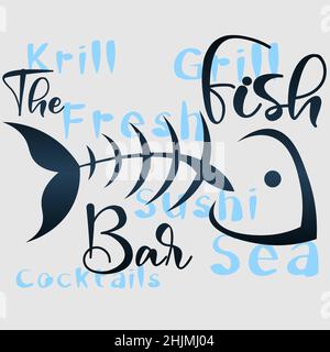 Abstraktes Logo einer Fischbar aus einem Fischskelett und Inschriften 1 Stock Vektor