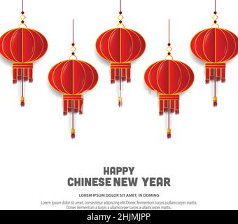 Happy Chinese New Year Grußkarte Hintergrund. Rote hängende Laterne, Stock Vektor