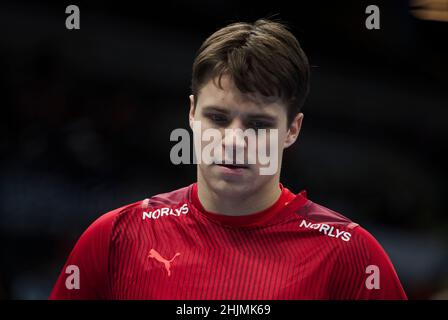 Budapest, Ungarn, 30th. Januar 2022. Hans Aaron Mensing aus Dänemark während des EHF-EM 2022, 3rd, Platz Match der Männer zwischen Frankreich und Dänemark in Budapest, Ungarn. 30. Januar 2022. Kredit: Nikola Krstic/Alamy Stockfoto