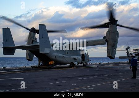 Ein US Marine Corps MV-22 Osprey mit Heavy Tiltrotor Squadron 265 (rein.) landet auf dem Flugdeck der USS America (LHA 6), Philippine Sea, 26. Januar 2022. Fischadler und andere Transportfahrzeuge ermöglichen es dem MEU, schnelle und notwendige Bewegungen zu machen, um auf jede Krise sofort reagieren zu können. Die 31st MEU ist an Bord von Schiffen der America Amphibious Ready Group im Einsatzgebiet der 7th Flotten tätig, um die Interoperabilität mit Verbündeten und Partnern zu verbessern und als ready Response Force zur Verteidigung von Frieden und Stabilität in der Indo-Pazifik-Region zu dienen. (USA Marine Corps Foto von Lance CPL. Cesar Stockfoto