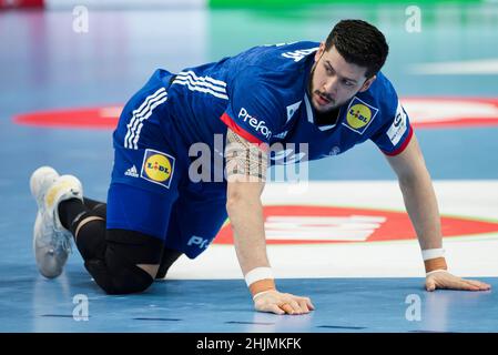 Budapest, Ungarn, 30th. Januar 2022. Nicolas Tournat aus Frankreich geht beim EHF-SPIEL der Herren 2022, 3rd, auf Platz 2 zwischen Frankreich und Dänemark in Budapest, Ungarn, unter. 30. Januar 2022. Kredit: Nikola Krstic/Alamy Stockfoto