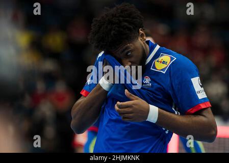 BUDAPEST, UNGARN - 30. JANUAR: Während des EHF EURO 2022 3rd-Match der Männer zwischen Frankreich und Dänemark am 30. Januar 2022 in Budapest, Ungarn. (Foto von Nikola Krstic/MB Media/Getty Images) Stockfoto