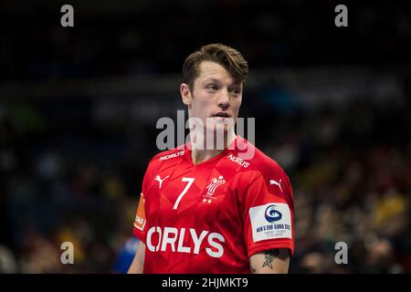 Budapest, Ungarn, 30th. Januar 2022. Emil Jakobsen aus Dänemark reagiert während des EHF-EM-2022-Match der Männer mit Platz 3rd zwischen Frankreich und Dänemark in Budapest, Ungarn. 30. Januar 2022. Kredit: Nikola Krstic/Alamy Stockfoto