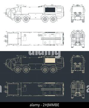 Stilisierte Vektor-Illustrationen von Blaupausen von Flughafen-Feuerwehrauto Stock Vektor