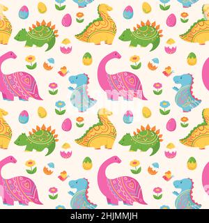 Dinosaurier Doodle niedlich nahtlose Muster. Dino Reptil kindliche Charakter grenzenlose Ornament. Tiere Dinosaurier prähistorische Eidechse Tapete. Kinder entwerfen Stoff, Textilien, Raubtiere und Sammelalbum Vektor Stock Vektor
