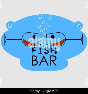 Abstraktes Logo einer Fischbar aus Gläsern in Form von Fisch mit Blasen und einem Gesicht 1 Stock Vektor