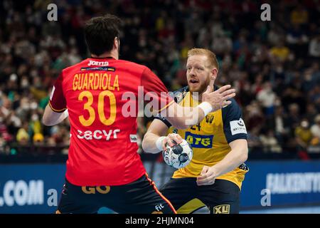 Budapest, Ungarn, 30th. Januar 2022. Jim Gottfridsson aus Schweden in Aktion während des EHF-EM 2022-Finalmatches der Herren zwischen Schweden und Spanien in Budapest, Ungarn. 30. Januar 2022. Kredit: Nikola Krstic/Alamy Stockfoto