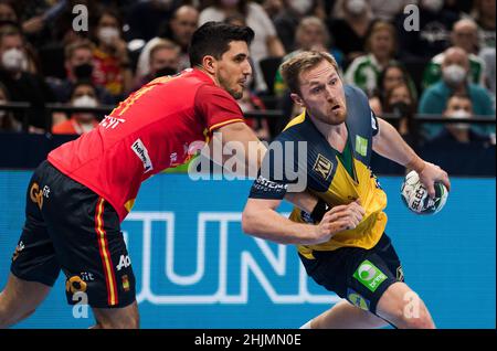 Budapest, Ungarn, 30th. Januar 2022. Albin Lagergren aus Schweden in Aktion während des EHF-EM 2022-Finalmatches der Herren zwischen Schweden und Spanien in Budapest, Ungarn. 30. Januar 2022. Kredit: Nikola Krstic/Alamy Stockfoto