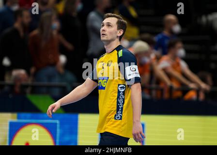 Budapest, Ungarn, 30th. Januar 2022. Hampus Wanne aus Schweden reagiert während des EHF-EM 2022-Finalmatches der Herren zwischen Schweden und Spanien in Budapest, Ungarn. 30. Januar 2022. Kredit: Nikola Krstic/Alamy Stockfoto