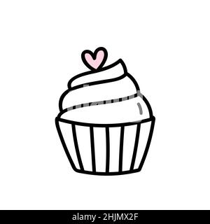 Niedliche Cupcake mit Herz isoliert auf weißem Hintergrund dekoriert. Vektor-handgezeichnete Illustration im Doodle-Stil. Perfekt für Valentinstag-Designs Stock Vektor