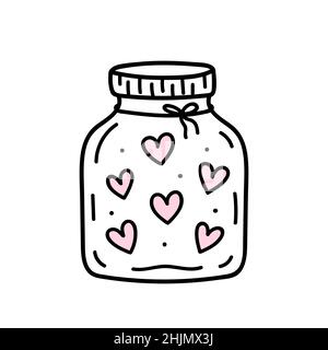 Niedliche Glas mit Herzen auf weißem Hintergrund isoliert gefüllt. Vektor-handgezeichnete Illustration im Doodle-Stil. Perfekt für Valentinstag-Designs, Karten, Stock Vektor