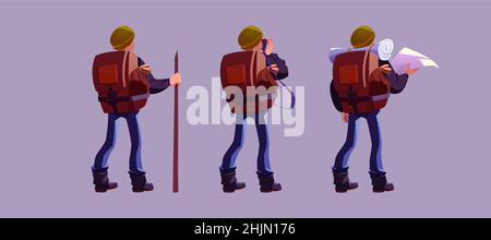 Wanderer mit Rucksack Rückansicht, Reisende Mann Cartoon Figur mit Karte, Mitarbeiter, schießen Bilder in Reise-Reise oder Abenteuer. Isoliert Tourist, extreme Trekking oder Wandersport, Vektor-Illustration Stock Vektor