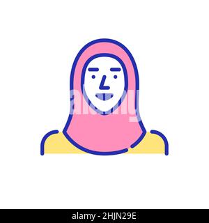 Muslimische Frau, die einen Hijab trägt. Eine Person arabischer ethnischer Gruppe. Pixel perfekte, bearbeitbare Kontur Farbe Spaß Avatar Symbol Stock Vektor