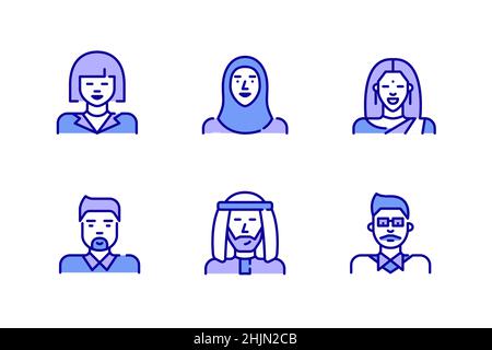 Avatar-Symbole für Strichbilder. Asiatische Menschen, darunter chinesische, koreanische, indische und arabische Männer und Frauen. Pixel perfekt, bearbeitbare Kontur, Farbe Stock Vektor