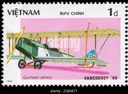 Briefmarke aus Vietnam in der „EXPO'86“ Weltausstellung Vancouver (Historic Aircraft) Serie im Jahr 1986 ausgestellt Stockfoto