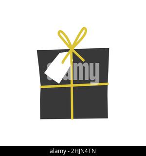 Vektor-isolierte flache Illustration. Schwarze quadratische Geschenkbox ist Papier verpackt und hat goldenes Band, weißes Etikett als Zeichen von Weihnachten und Neujahr Geschenk Stock Vektor