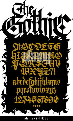 Modernes gotisches, vollständiges englisches Alphabet. Vektor. Lateinische Buchstaben in Mittelbuchstaben und Großbuchstaben. Zeichen und Symbole für Tattoos. Antiker europäischer Stil. C Stock Vektor