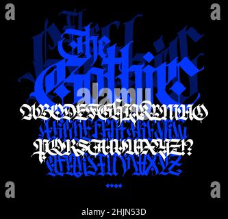 Modernes gotisches, vollständiges englisches Alphabet. Vektor. Mittelalterliche lateinische Großbuchstaben. Zwei verschiedene Stile. Zeichen und Symbole für Tattoos. Alte europäische St. Stock Vektor