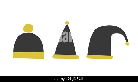 Vektor isolierte flache handgezeichnete Serie von Illustrationen. Drei schwarze warme Winter Beanie (gefamte Mütze) und Weihnachtsmann Hut mit gelbem Fell. Vereinfachter Mini Stock Vektor