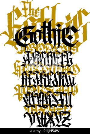 Modernes gotisches, vollständiges englisches Alphabet. Vektor. Mittelalterliche lateinische Großbuchstaben. Zwei verschiedene Stile. Zeichen und Symbole für Tattoos. Alte europäische St. Stock Vektor