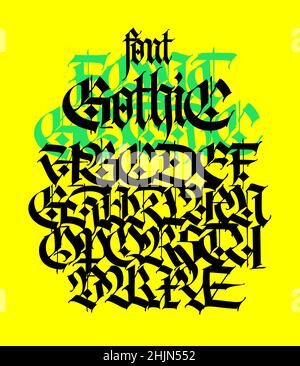 Gothic. Vektor. Großbuchstaben auf gelbem Hintergrund. Schöne und stilvolle Kalligraphie. Elegante europäische Schrift für Tattoo und Design. Mittelalterlich Stock Vektor
