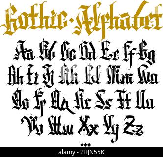 Gothic, englisches Alphabet. Vektor. Mittelalterliche lateinische trendige Buchstaben. Zeichen und Symbole für Tattoos. Antiker europäischer Stil. Kalligraphie und Schriftzüge. Kom Stock Vektor