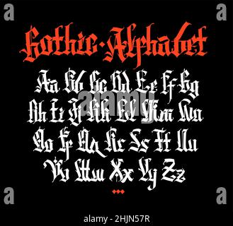 Gothic, englisches Alphabet. Vektor. Mittelalterliche lateinische Buchstaben. Groß- und Kleinbuchstaben. Zeichen und Symbole für Tattoos. Antiker europäischer Stil. Anrufen Stock Vektor