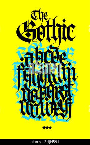 Gothic. Vektor. Schwarze Kleinbuchstaben auf gelbem Hintergrund. Schöne und stilvolle Kalligraphie. Elegante europäische Schrift für Tattoo und Design. Mediev Stock Vektor