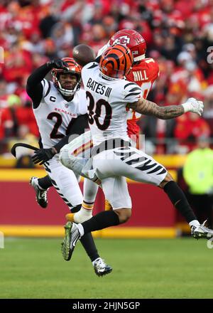 Kansas City, Kansas, USA. 30th Januar 2022. KANSAS CITY, MO - 30. JANUAR: Cincinnati Bengals bietet kostenlose Sicherheit Jessie Bates (30) verteidigt einen Pass, der für den Kansas City Chiefs Wide Receiver Tyreek Hill (10) bestimmt ist, in Überstunden des AFC-Meisterschaftsspiels zwischen den Cincinnati Bengals und den Kansas City Chiefs am 30. Januar. 2022 im GEHA Field im Arrowhead Stadium in Kansas City, MO. Der Pass würde von Vonn Bell (24) abgelenkt und abgefangen. (Foto von Scott Winters/Icon Sportswire) Credit: Action Plus Sports/Alamy Live News Stockfoto