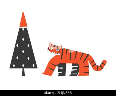 Vektor-isolierte Illustration. Symbol des chinesischen Neujahrs 2022 - Jahr des Tigers. Glücklich niedlichen mandschrischen Tiger Spaziergänge in der Nähe Weihnachtsbaum von g geschmückt Stock Vektor