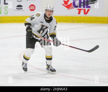 Hamilton, Kanada. 30th Januar 2022. Jan 30 2022 Hamilton Ontario Canada, Kingston Frontinacs Thomas Budnick(24) spielt gegen die Hamilton. Kredit: Luke Durda/Alamy Live Nachrichten Stockfoto