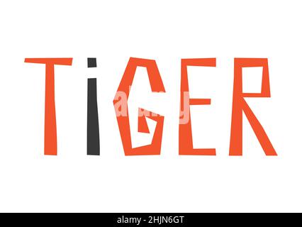 Vektor isoliert auf weißem Hintergrund handgezeichneter Text - Tiger. Flache geometrische Buchstaben in Schwarz und Orange. Vorlage zur Gestaltung von Banner und Geschenk ca. Stock Vektor