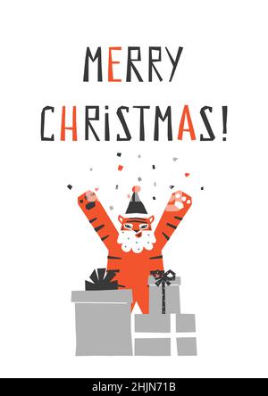 Vektor-flache Abbildung mit Symbol des chinesischen Neujahrs 2022 - Tiger. Text - Frohe Weihnachten! Tier trägt in Weihnachtsmann Hut, Vorbereitung pres Stock Vektor