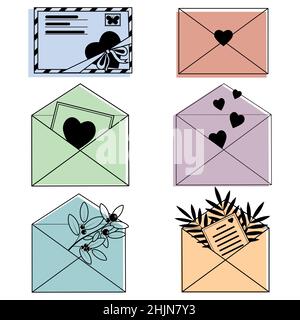 Set mit valentinsumschlägen, Farbvektordarstellung auf weißem Hintergrund. Stock Vektor