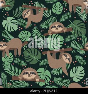 Faultier-Muster auf einem Hintergrund tropischer Blätter auf grünem Hintergrund, Farbvektorillustration, Textil, Druck, Tapete Stock Vektor