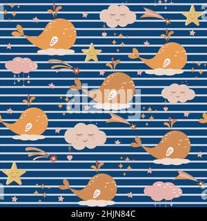 Muster von Walen und Wolken auf einem dunkelblau gestreiften Hintergrund Kinder Illustration Farbvektor Stock Vektor