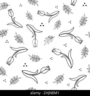 Florales Muster aus Tulpen ist mit einer Kontur auf weißem Hintergrund, Druck, Textil gemacht Stock Vektor