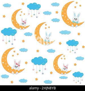 Kaninchenmuster auf dem Mond zwischen den Wolken, Farbvektorillustration, Textil, Druck Stock Vektor
