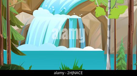 Landschaft mit Wasserfall zwischen Felsen. Kaskade schimmert nach unten. Fließendes Wasser. Schöner Cartoon-Stil. Flaches Design. Vektor. Stock Vektor