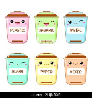 Set von Behältern für Glas, Metall, organische, Papier, Kunststoff und gemischte Abfälle. Kawaii-Papierkorb mit lächelnden Gesichtern. Niedliche Cartoon Müllcontainer Zeichen Stock Vektor
