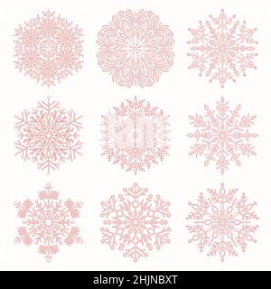 Set von Vektor-Schneeflocken. Sammlung von Winterornamenten. Schneeflocken-Sammlung. Rote Schneeflocken für Hintergründe und Designs Stock Vektor