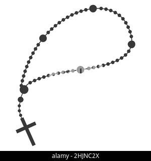 Rosenkranz Perlen Silhouette. Gebetsschmuck für Meditation. Katholischer Kaplet mit Kreuz. Religionssymbol. Vektorgrafik. Stock Vektor