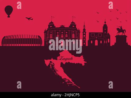 Zagreb City Skyline Silhouette - Illustration, Stadt in Maroon Hintergrund, Landkarte von Kroatien Stock Vektor