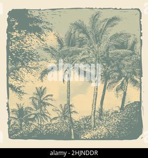 Tropische Landschaft mit Palmen und Wolken, Retro-Gravur-Stil. vektor-Illustration Stock Vektor